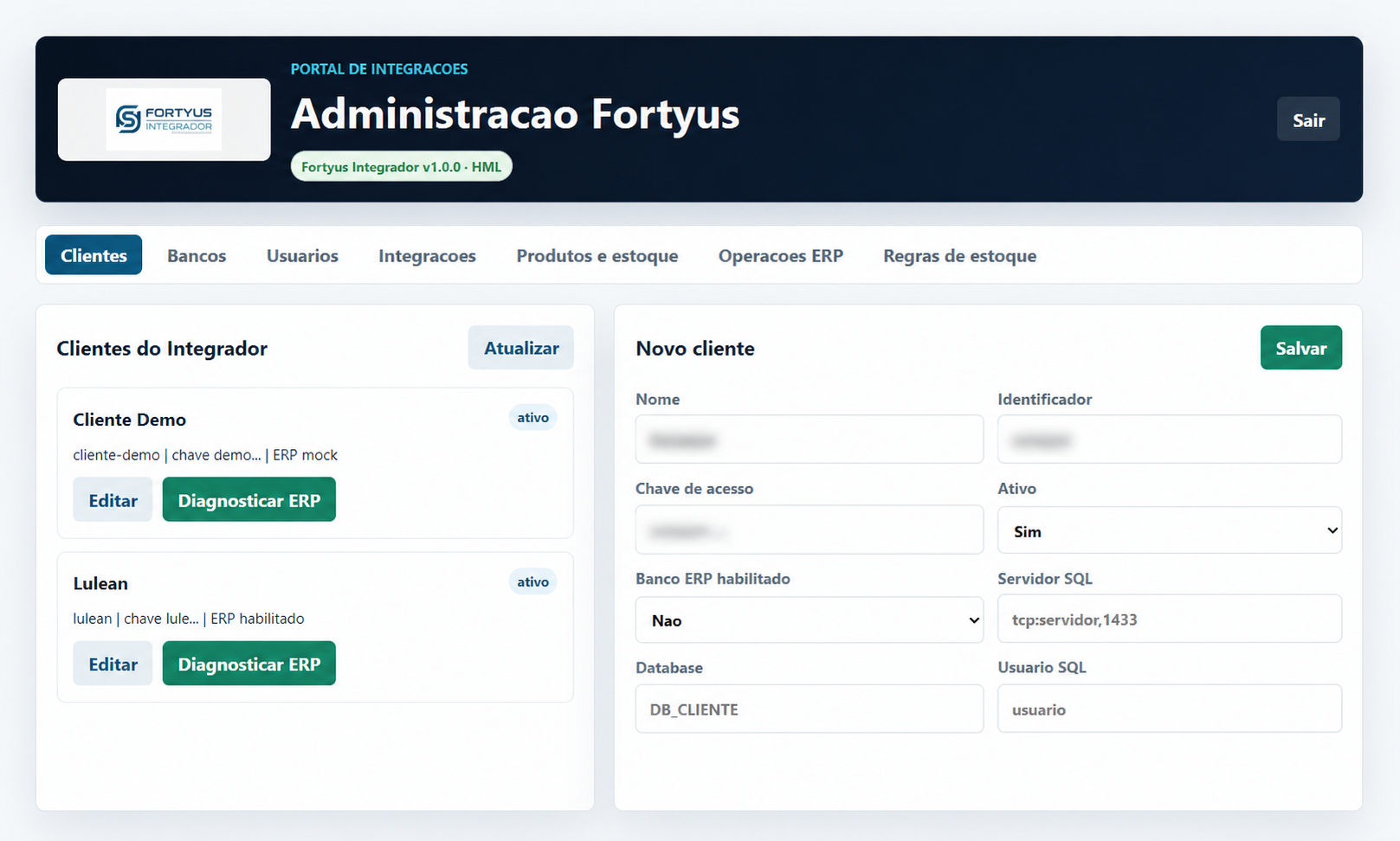 Tela administrativa do Fortyus Integrador