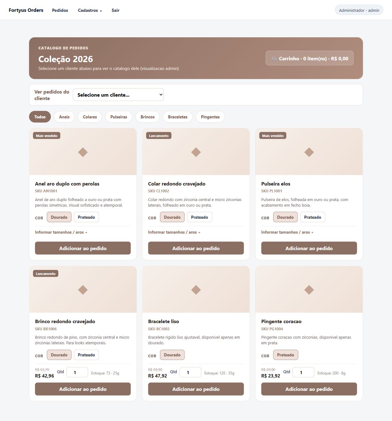 Tela do Fortyus Orders exibindo um catálogo digital de produtos